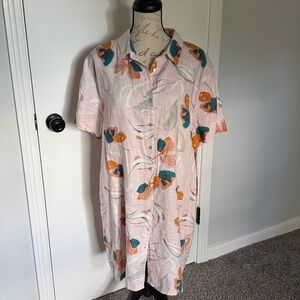 rachel zoe 100% linen dress Xl button down pink w/ floral Nwot coastal Lagenlook